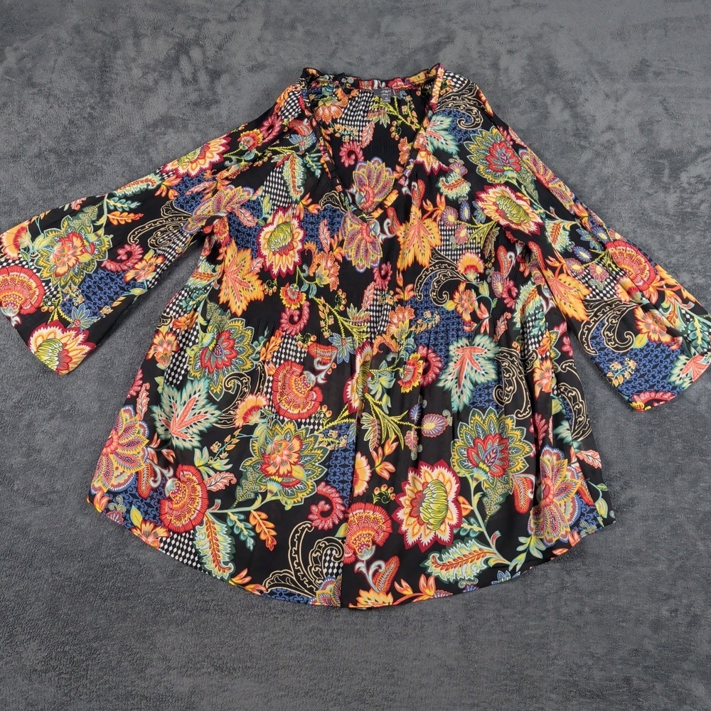 Ninety Clothing Co Blouse Womens 3X Black Floral Print 3/4 Bell Sleeve Pleated